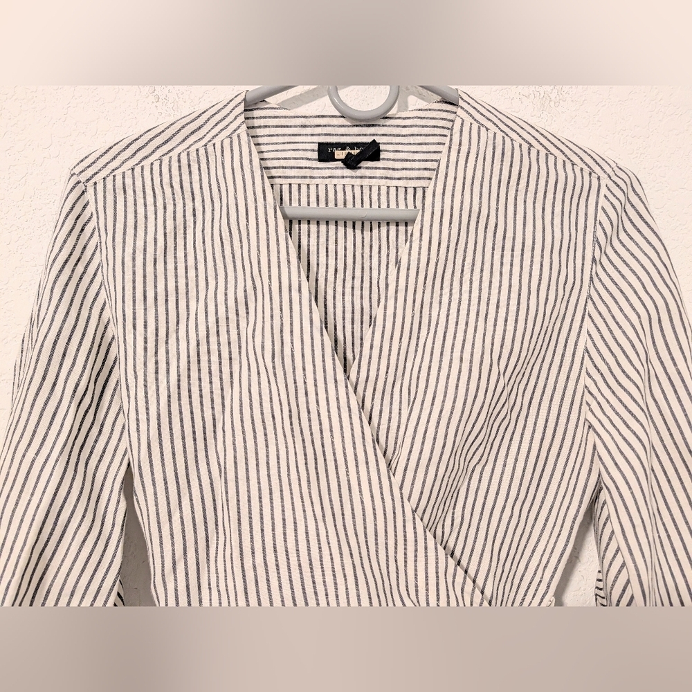 Rag & Bone Grey Striped Cotton Linen V-Neck Long Sleeve Cropped Wrap Blouse - Picture 6 of 9